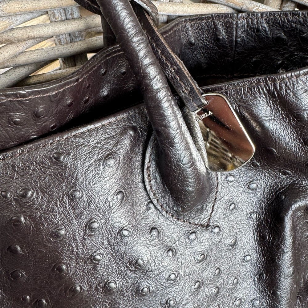 Furla Deep Brown Ostrich Leather East West Bag